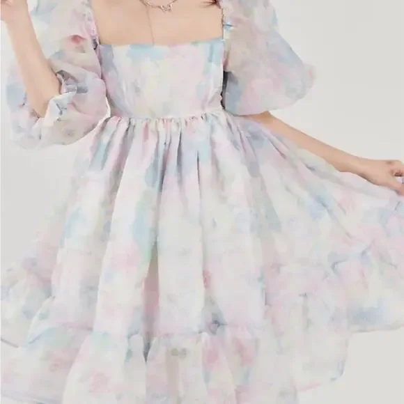 SELKIE French Puff Tulle Organza Floral Midi Dress in Watercolor Size XS - Picture 3 of 9